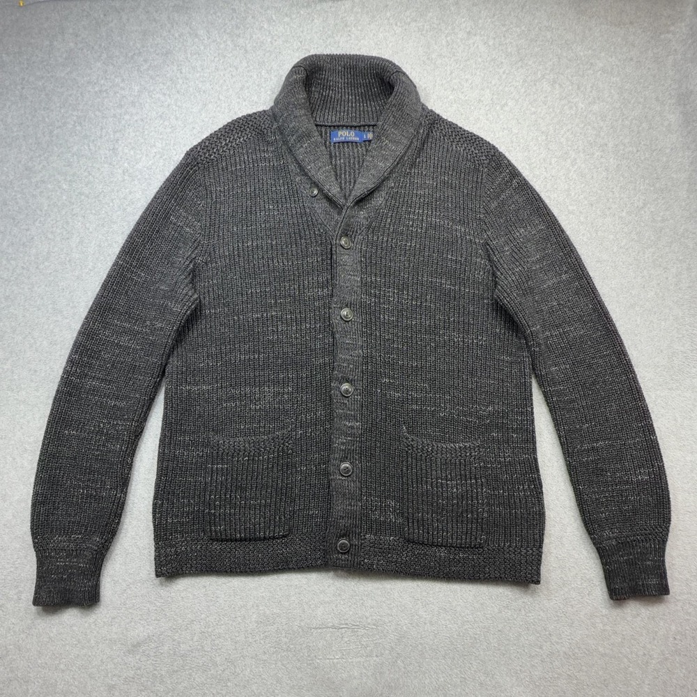 Polo Ralph Lauren Sweater Cardigan Mens Large Gray Cotton Shawl Collar Pockets